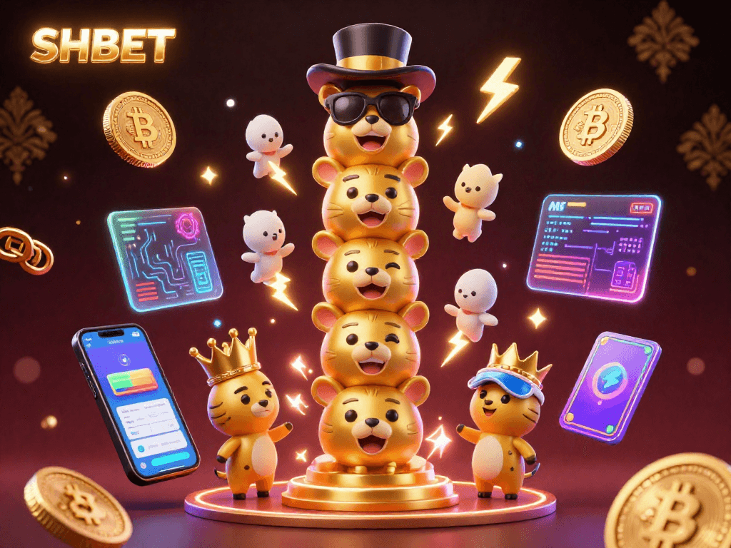 SHBET showcases thrilling casino fun with a vibrant 3D totem pole and crypto-themed elements in an exciting atmosphere.
