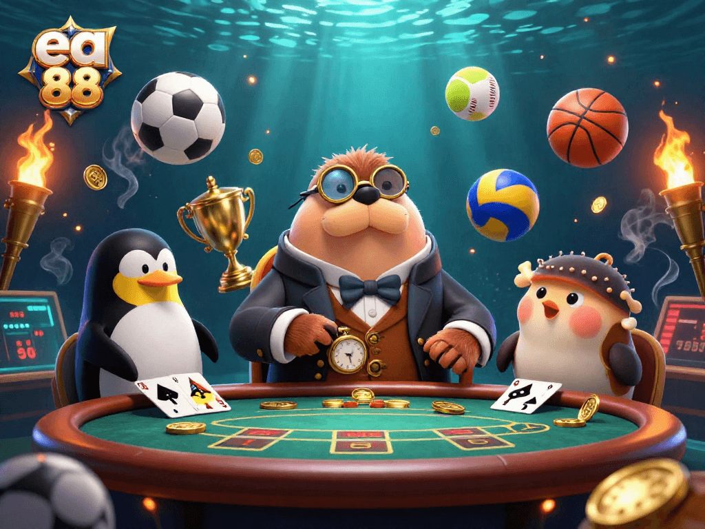 Experience thrilling poker gameplay with ea 88 featuring a jolly walrus, a penguin dealer, and a bluffing pufferfish.