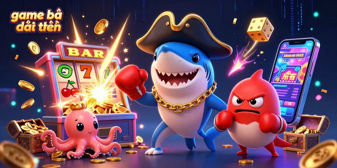 Experience the thrill of game bài đổi thưởng with a vibrant 3D scene of animated casino characters.