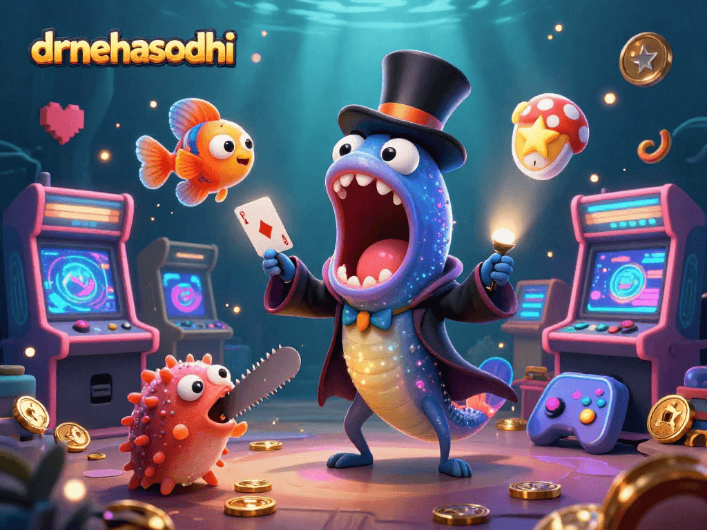 Engage with drnehasodhi in this vibrant underwater casino scene featuring colorful characters and gaming elements.