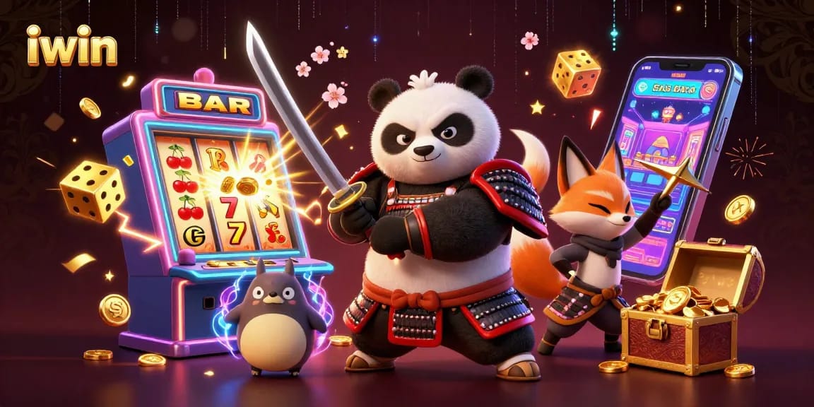 Join the iwin samurai panda and ninja fox in this vibrant, action-packed casino scene.