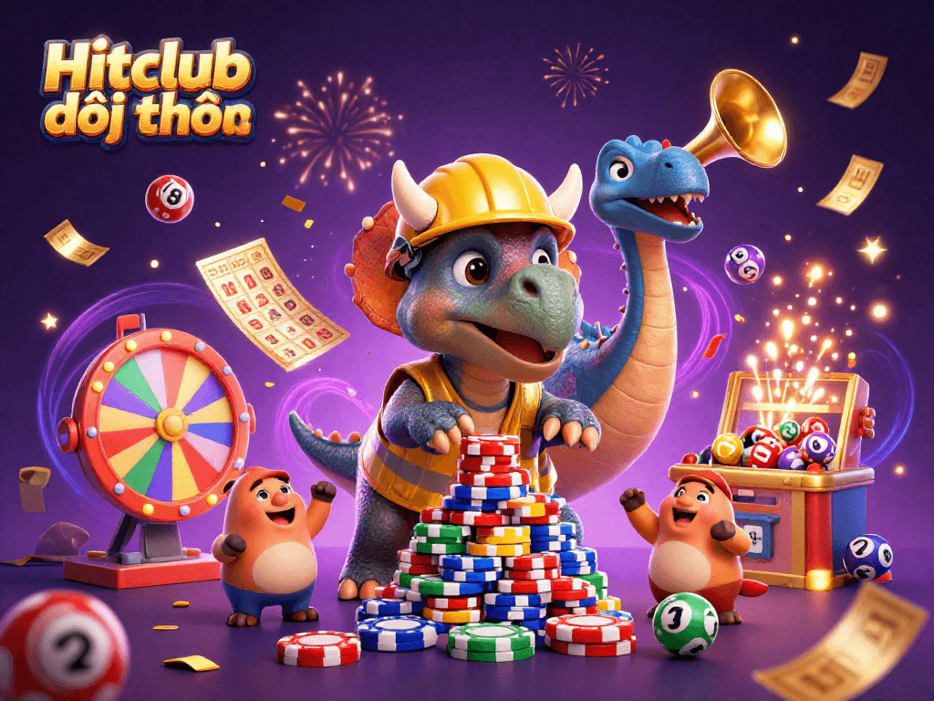 Engage in Hitclub đổi thưởng as a colorful triceratops celebrates with lottery balls and prizes.