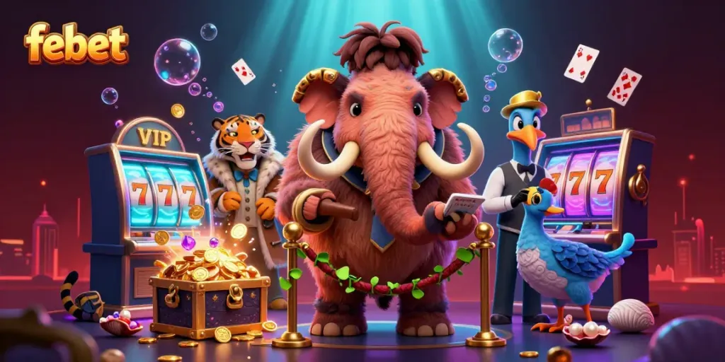 Experience the vibrant casino scene at febet with grand characters and dynamic gaming elements.