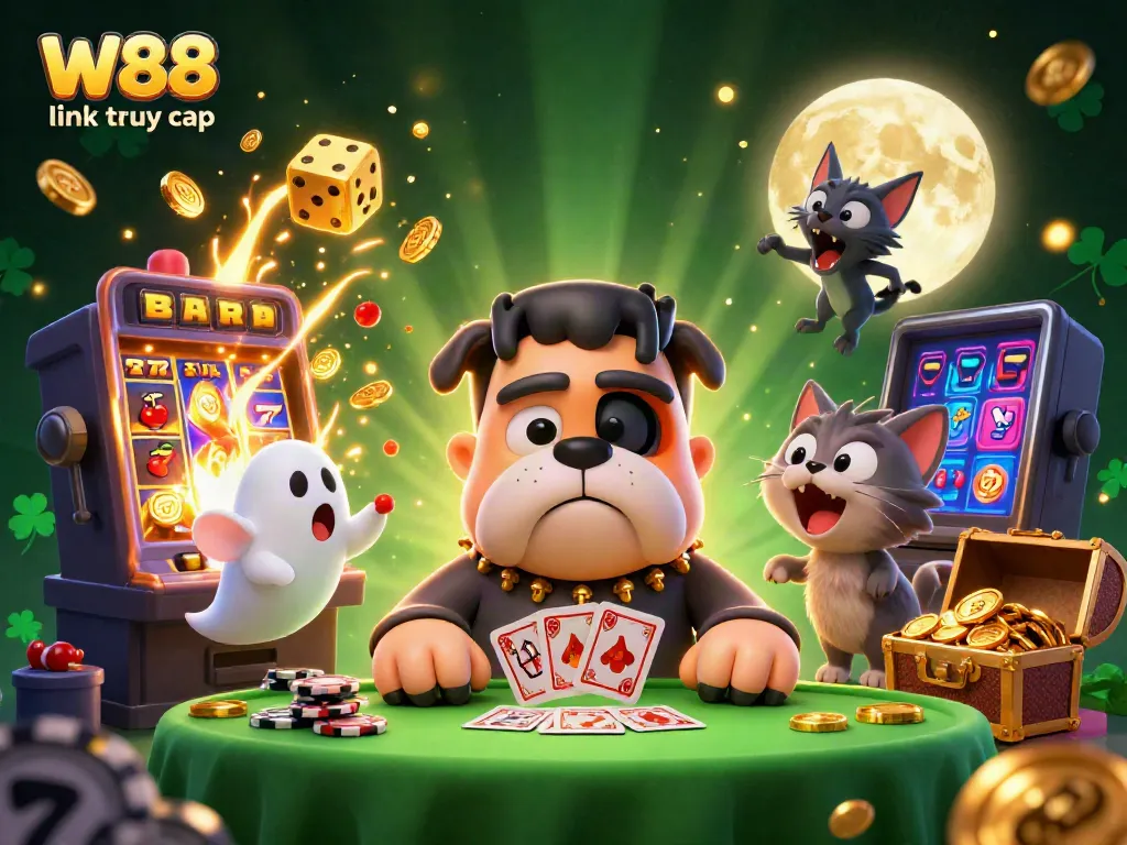 Engage with W88 link truy cập at a vibrant casino scene featuring iconic characters and elements.