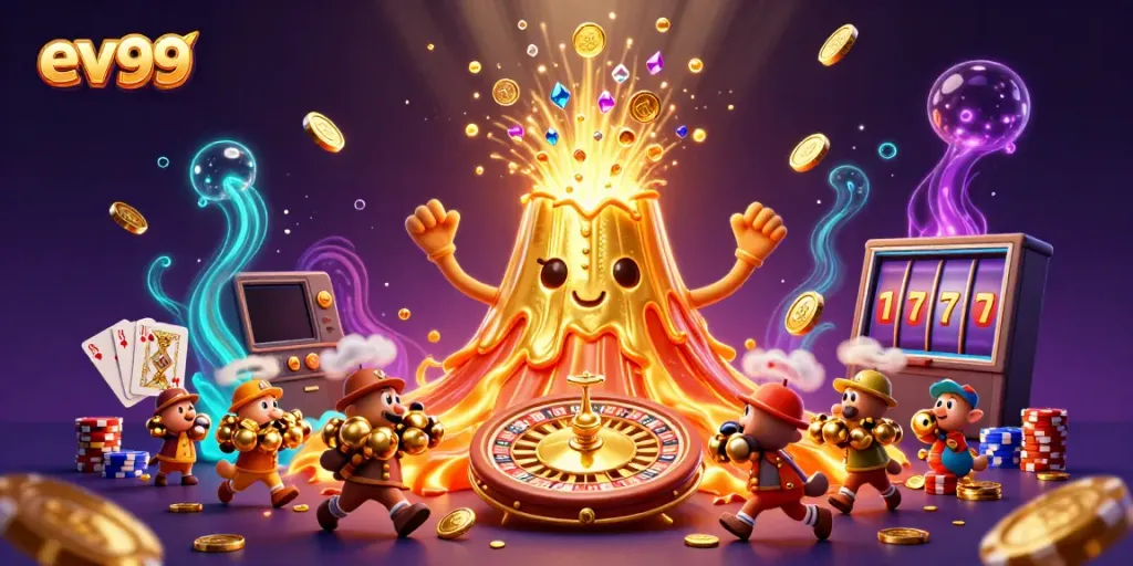 Experience the excitement of ev99 with a vivid golden volcano erupting treasure and dynamic casino elements.