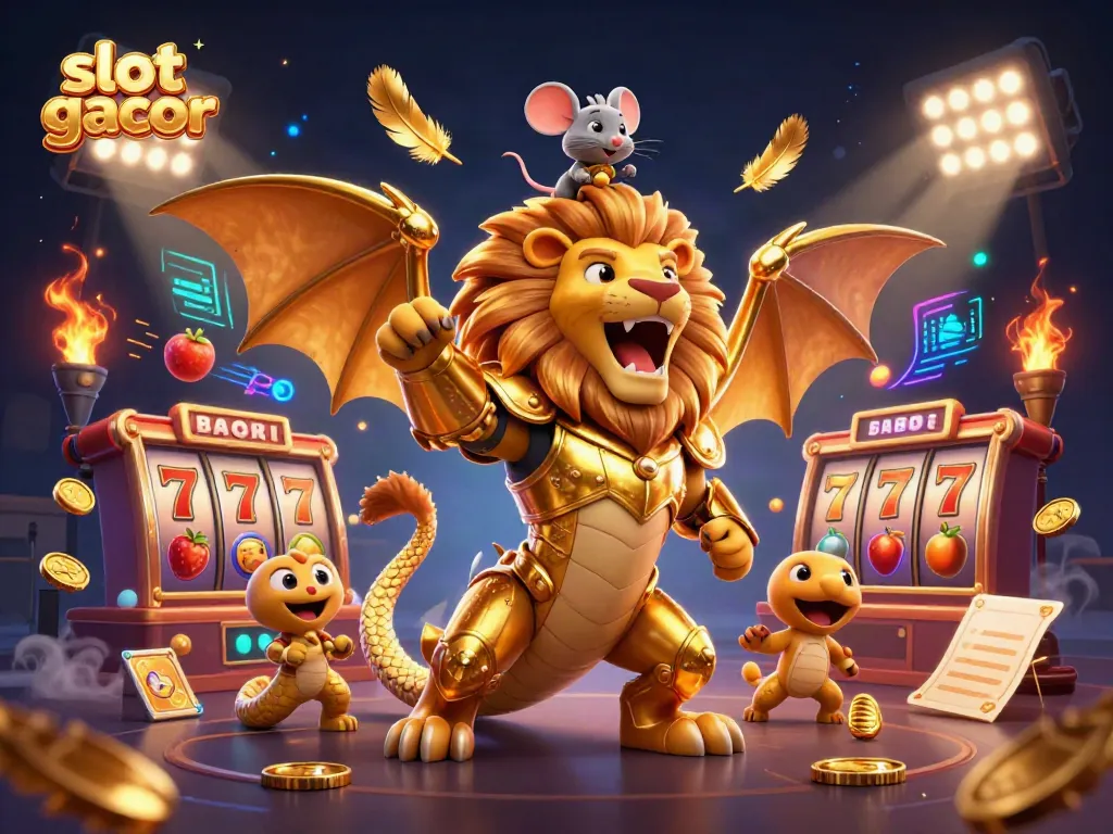 Experience the thrilling world of slot gacor with a majestic chimera and dynamic casino elements.