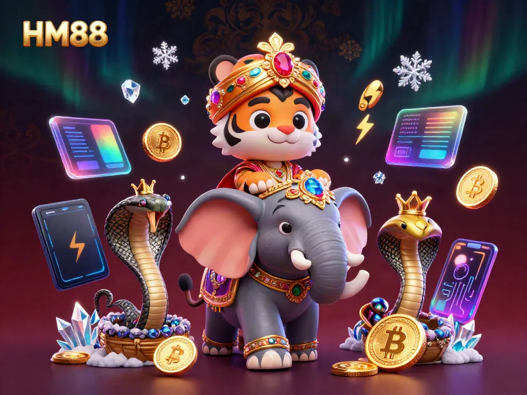 Engage with HM88's vibrant gaming scene featuring a cartoon tiger and elephant amid crypto elements.