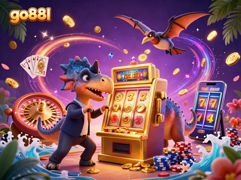 Experience the excitement of go88l with a pachycephalosaurus jackpoting a slot machine amidst flying coins and lively casino action.