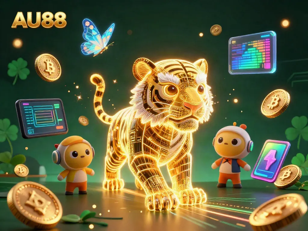 Engage with AU88 as the golden tiger prowls through a dynamic digital casino universe filled with glowing cryptocurrency