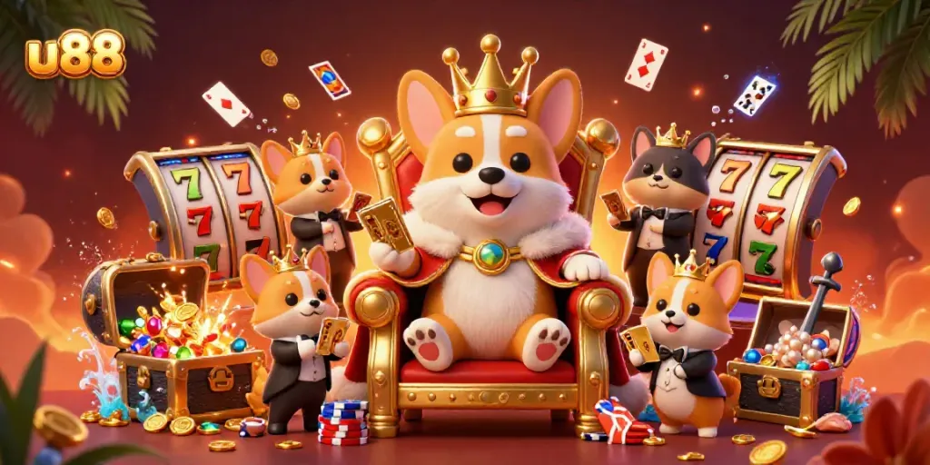 Experience thrilling gameplay at u88 with a regal corgi and vibrant casino elements in a fun digital illustration.