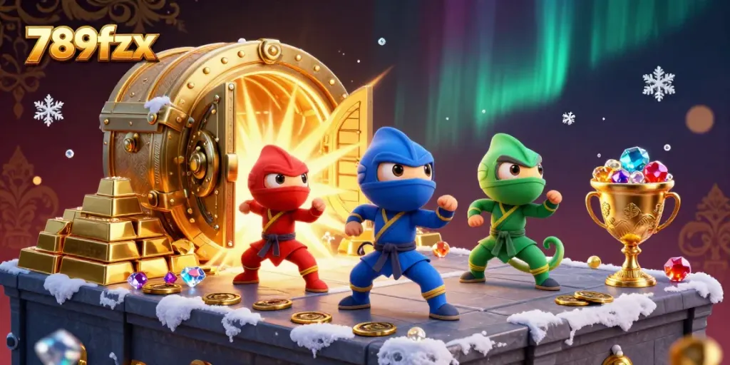 Engage in thrilling moments with the 789fzx ninja chameleon team showcasing martial arts amidst piles of treasures.