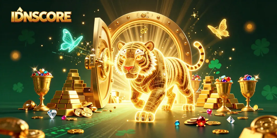 Engage with IDNSCORE in a vibrant casino scene featuring a golden tiger and sparkling treasures.