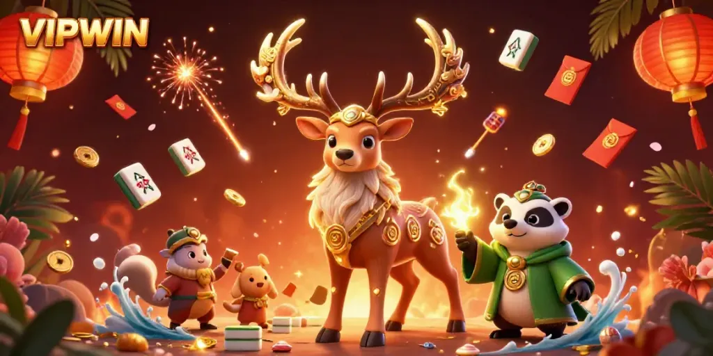 Experience the thrill of VIPWIN with a vibrant casino-themed 3D scene featuring magical elements.
