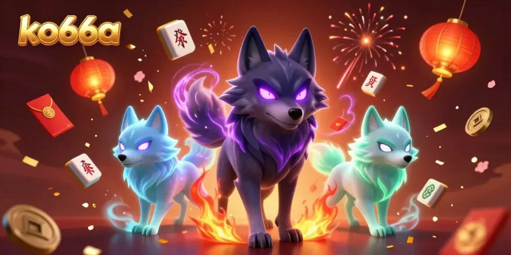 Experience thrilling gameplay at ko66a with a mystical casino scene featuring spectral wolves and colorful game elements.