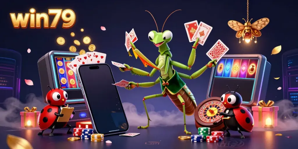 win79 showcases a vibrant casino scene with a giant mantis card sharp and ladybug pit boss managing exhilarating gaming action.