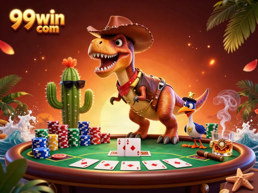Engage in thrilling poker at 99win com with a colorful T-Rex cowboy and friends in a vibrant casino scene.