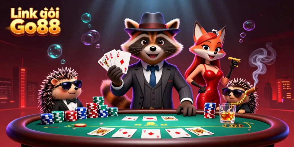 Enjoy a royal flush in a lively casino scene promoting Link vào Go88 with engaging characters.