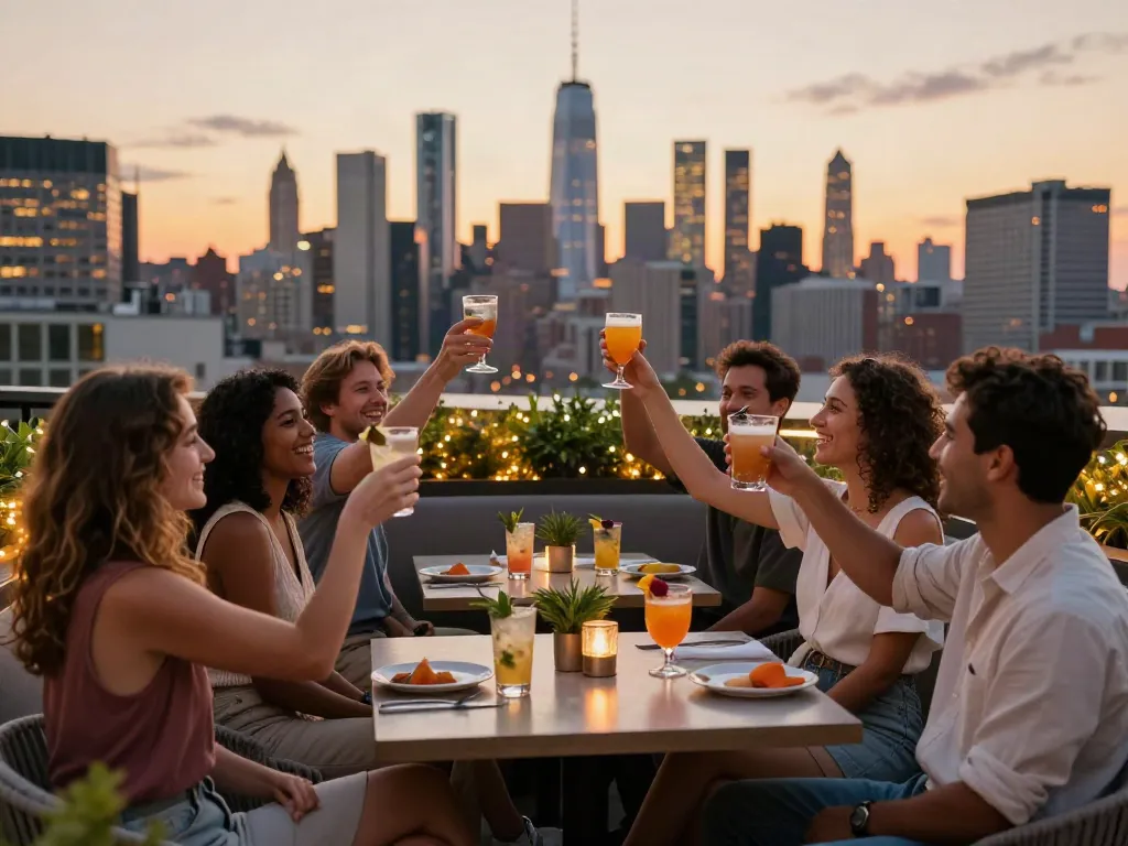 NoHu rooftop bar scene with guests enjoying cocktails and city views