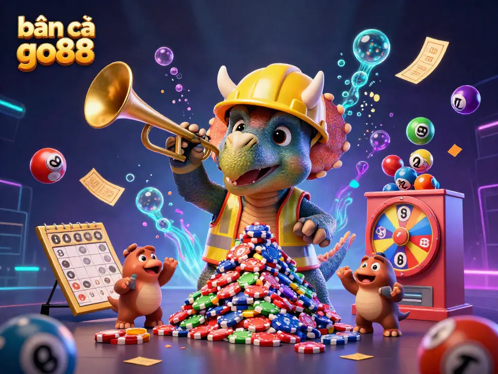 Experience the thrill of bắn cá go88 with a vibrant 3D scene featuring a triceratops, parasaurolophus, and energetic compys in an underwater-themed celebration.