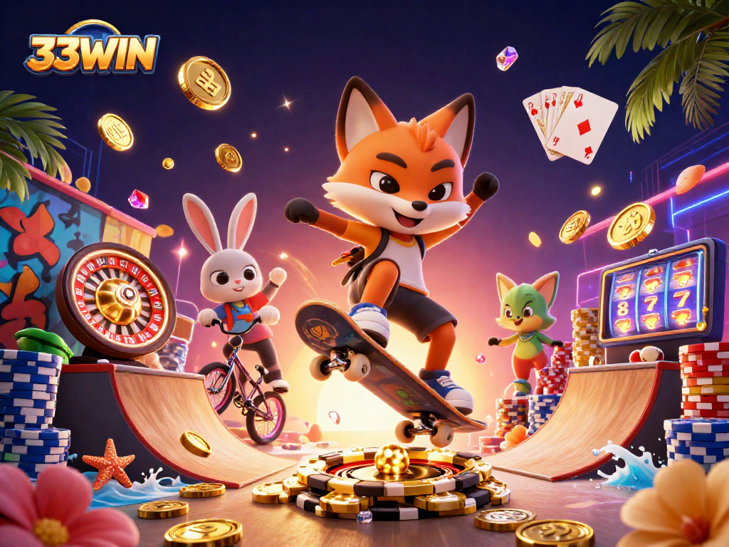 Join 33WIN for exciting casino adventures featuring a skateboarder fox and BMX rabbit.