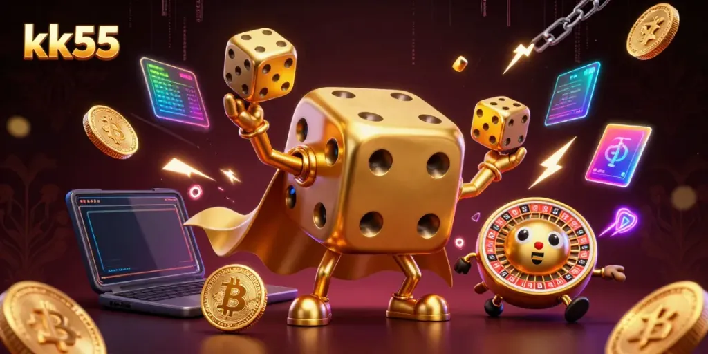 kk55 vibrant casino scene featuring a golden dice golem and crypto themes