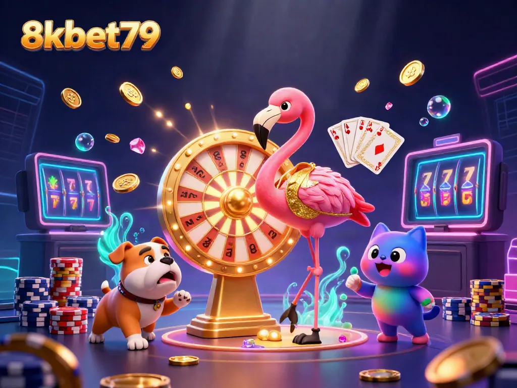 Experience the excitement of 8xbet79 with colorful characters and casino elements in a vibrant scene.