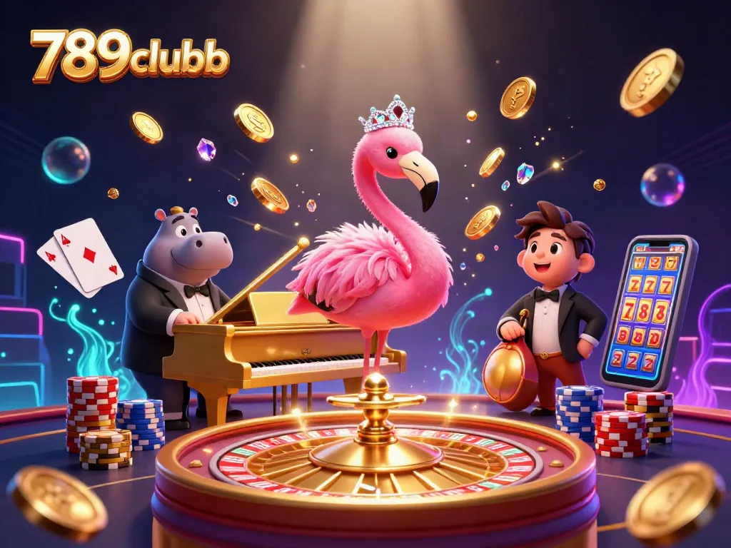 Spin the reels with 789clubb's vibrant casino atmosphere featuring jewel tones and lively characters.