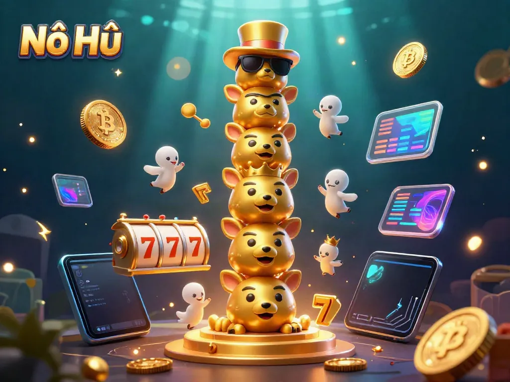 Nổ Hũ immerses players in thrilling jackpot action with vibrant characters and glowing casino elements.