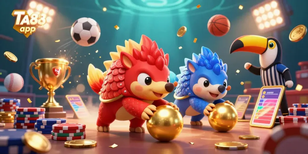 Engage with the TA88 app in an energetic 3D scene featuring the pangolin mascots competing over poker chips.