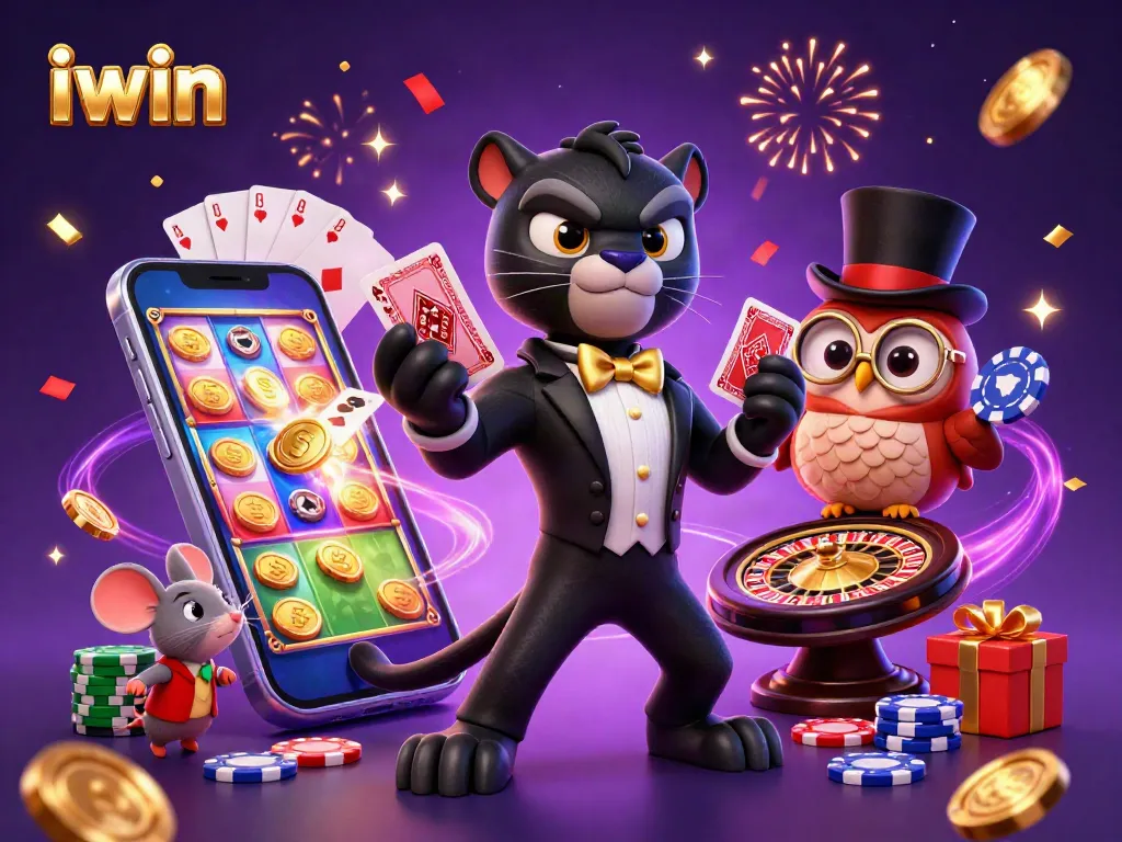 Win big with iwin through an exciting casino scene featuring dynamic 3D characters and games.