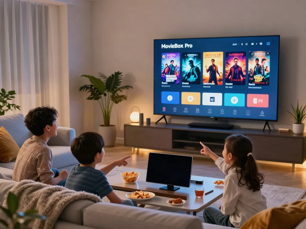 Family using mymovieboxproapp.com for movie night in a cozy living room.