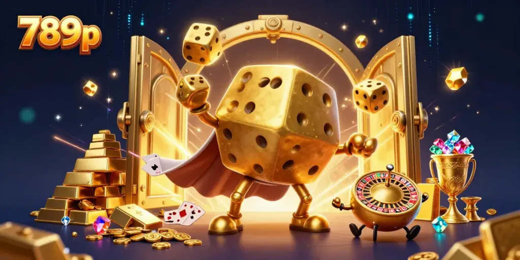 Experience the thrilling adventures at 789p with a vibrant scene of golden dice and treasure.