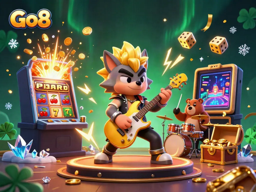 Experience the thrill of Go8 with a vibrant casino scene featuring a rock star wolf and music-filled excitement.