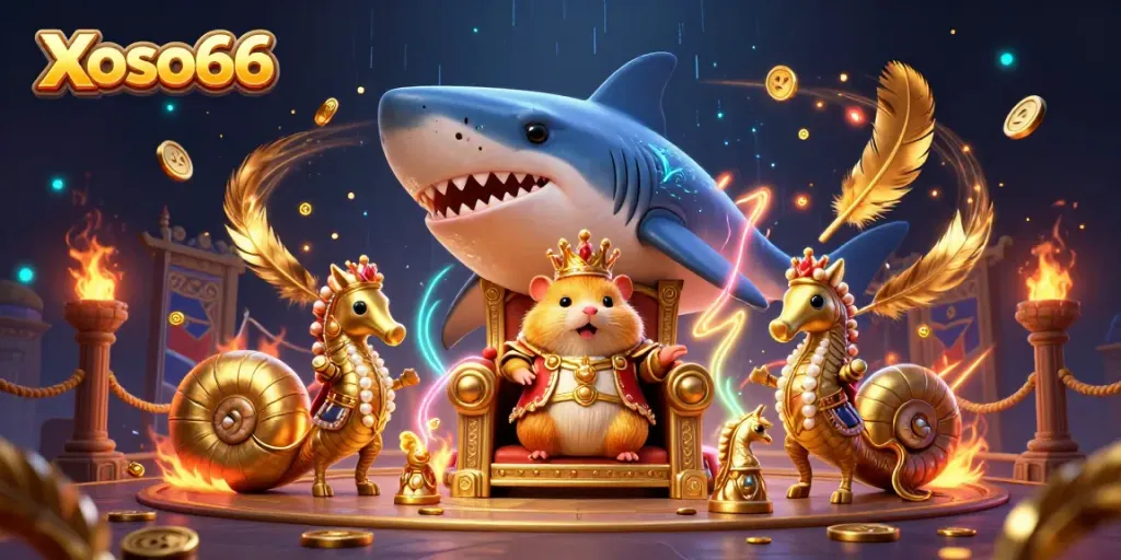 Xoso66 features a golden hamster king on a megalodon tooth throne amidst a vibrant casino scene.
