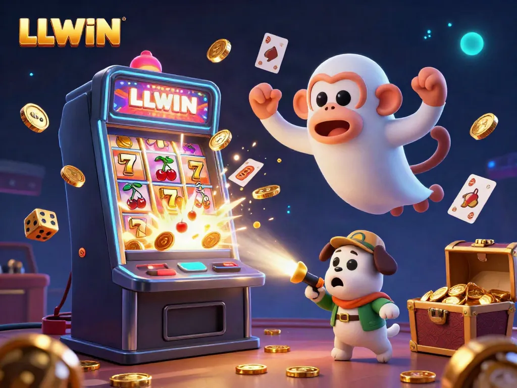 LLWIN captures the thrill of jackpots in a whimsical casino filled with a playful ghost-monkey and ghost-hunter puppy.