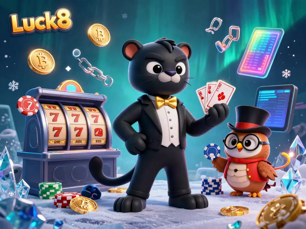 Luck8 features an elegant black panther dealer in a casino setting with vibrant game elements.