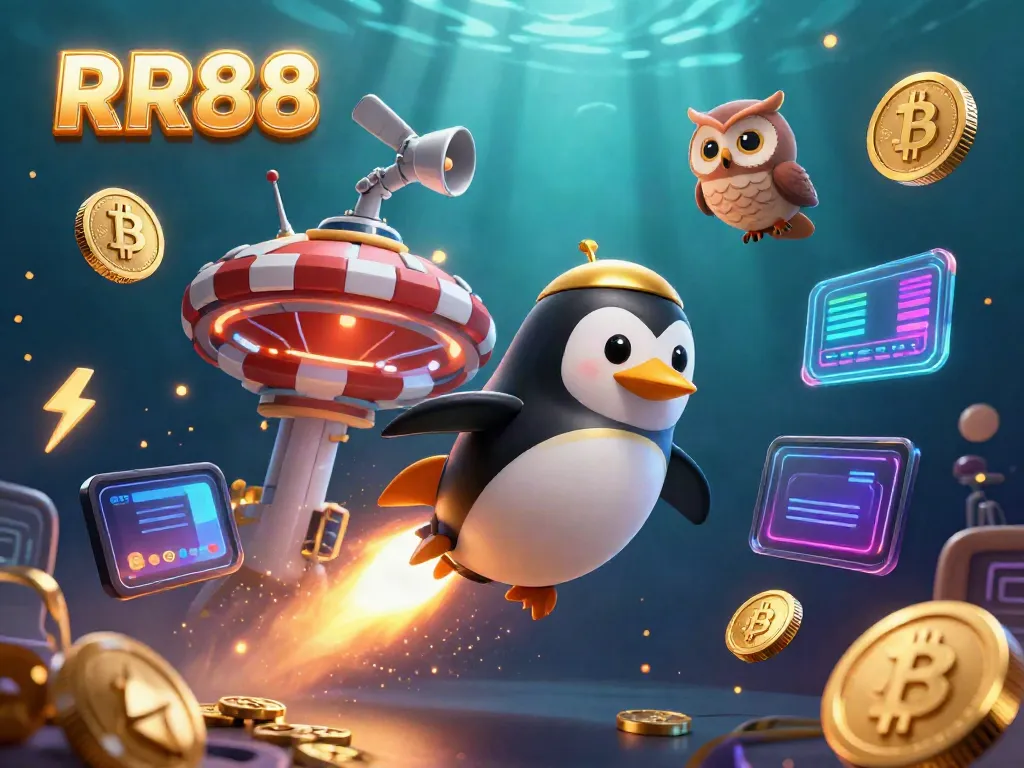 Experience thrilling gameplay at RR88, where a golden penguin navigates a vibrant casino universe.