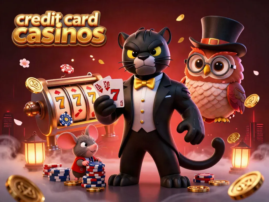 Experience the thrill of credit card casinos with a stylish black panther dealer, fortune symbols, and festive décor.