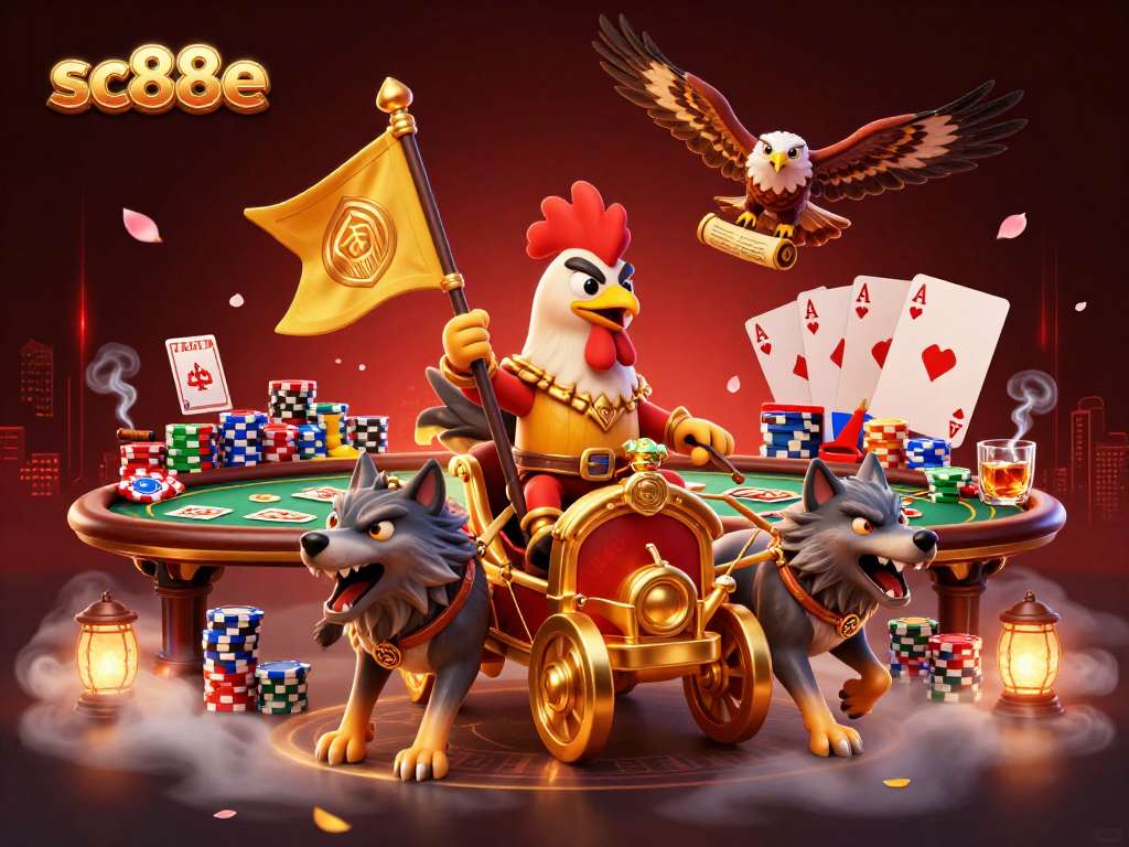 Experience thrilling poker action with sc88e, featuring a rooster warlord and poker elements.