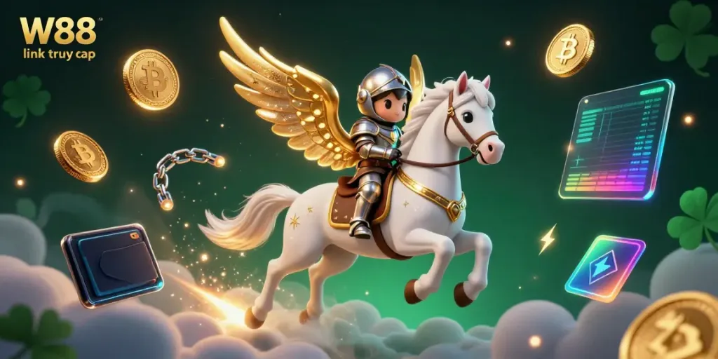 Engage with W88 link truy cập through this vibrant 3D casino illustration featuring a celestial horse racing amidst crypto coins.