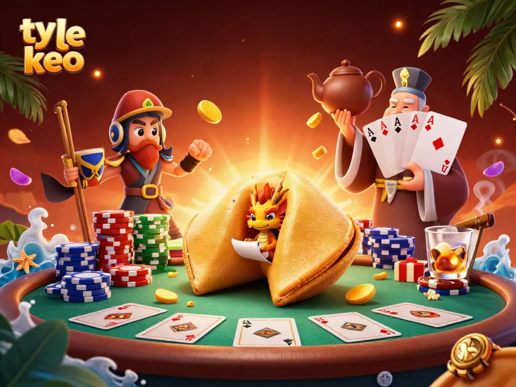 Win with ty le keo betting tips, featuring a fantasy scene of a golden fortune cookie and poker elements.