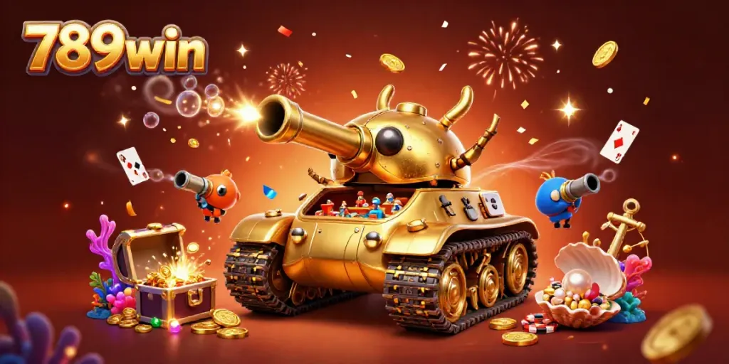 Experience 789win's richly detailed casino scene with a golden beetle tank and treasure elements in action.