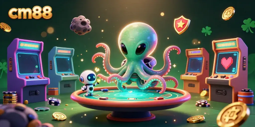 Engage in thrilling gaming with cm88 as an alien octopus manages a poker table in a fantastical casino.
