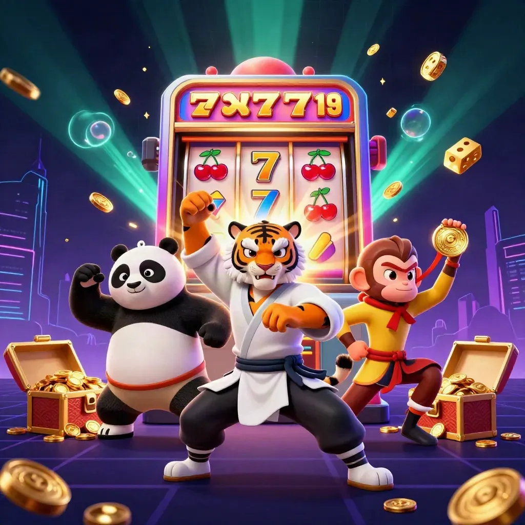 Tiger master, panda disciple, and monkey student in a neon slot-machine jackpot burst.