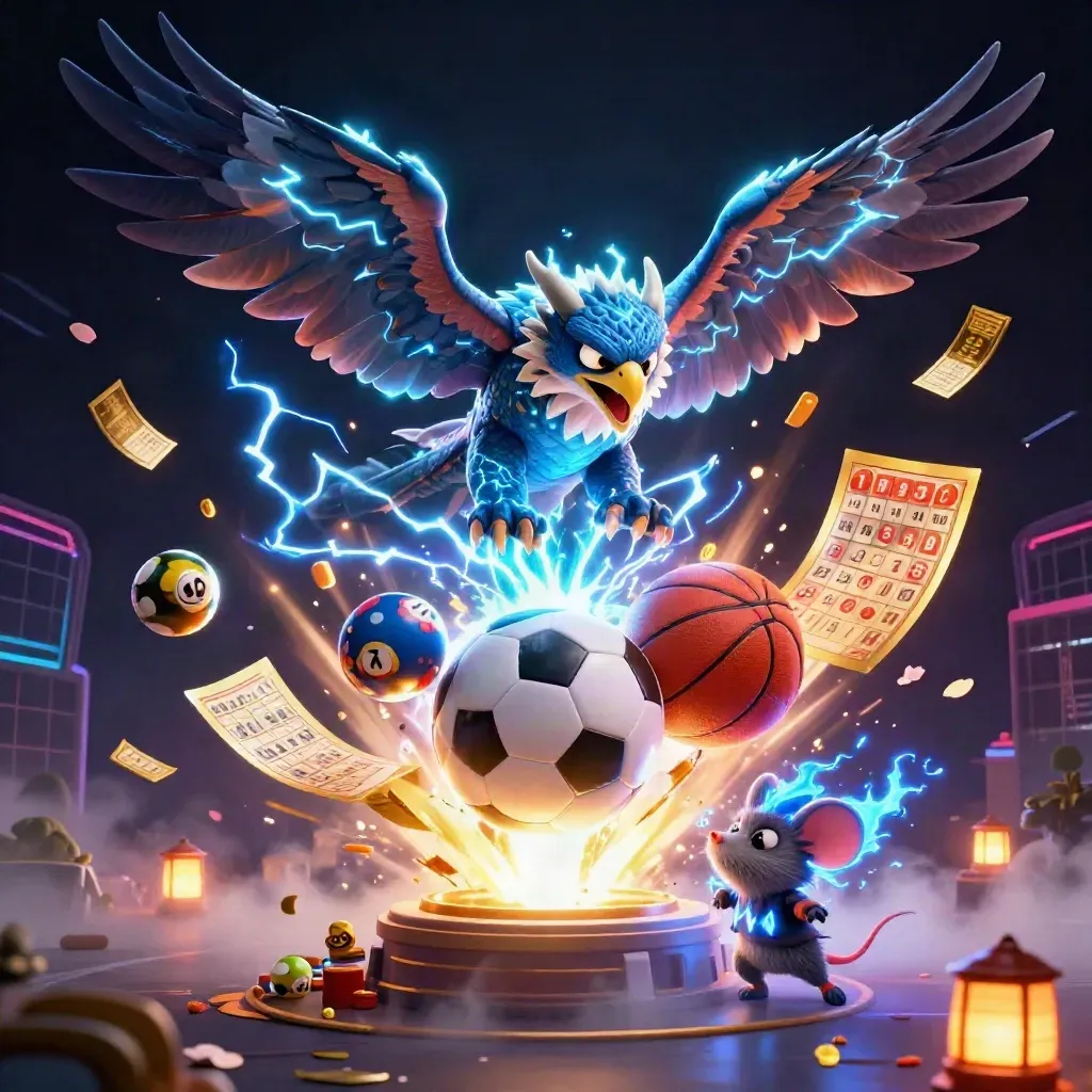 Thunder dragon, wind hawk and static mouse amid casino balls, prize wheel and neon glow.
