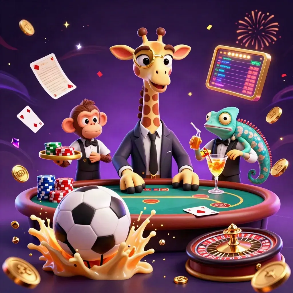 Cartoon giraffe, monkey and chameleon amid casino chips, cards, balls and sparks on a dark neon background.