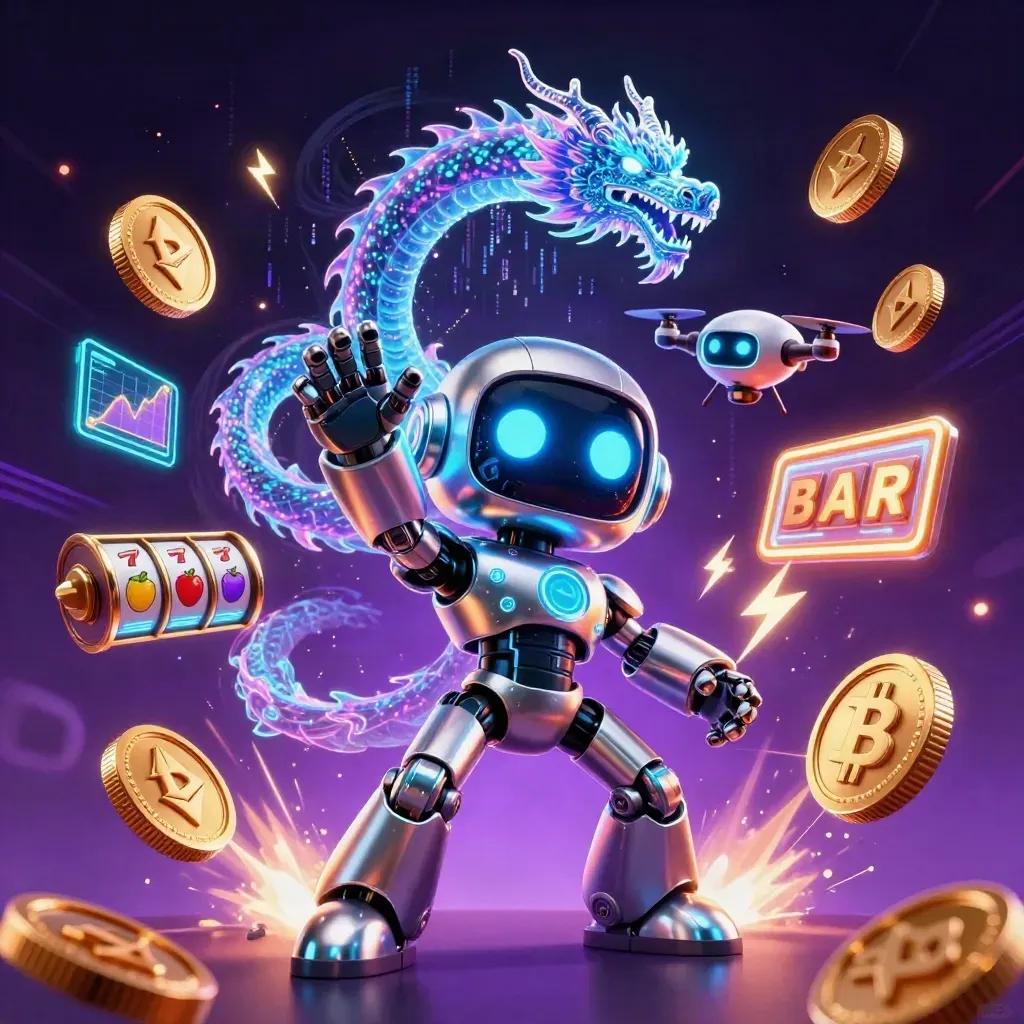 Cyberpunk robot, holographic dragon, and coin drone amid neon casino effects.