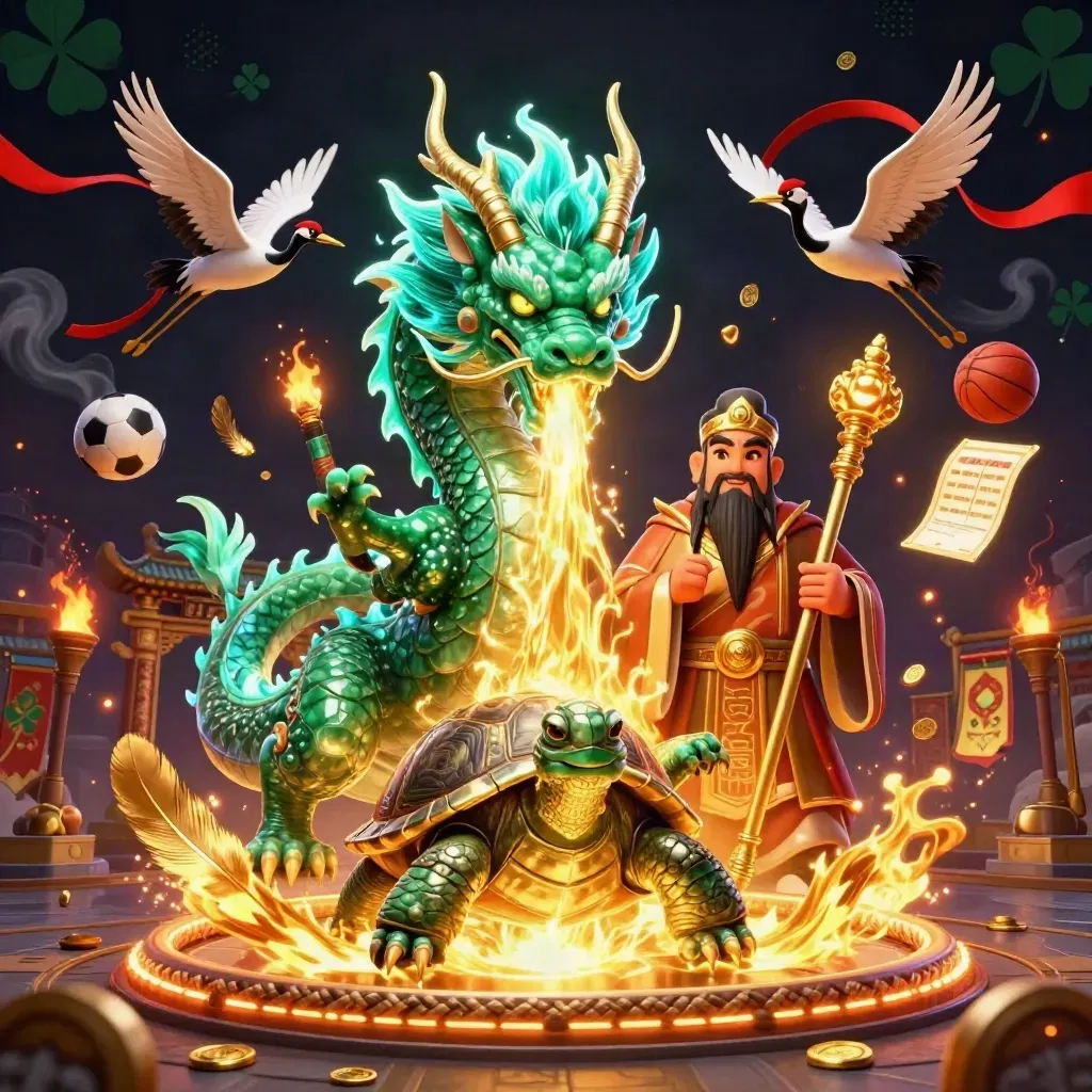 Emerald dragon, turtle sage, and cranes amid casino-style sports fantasy lights.
