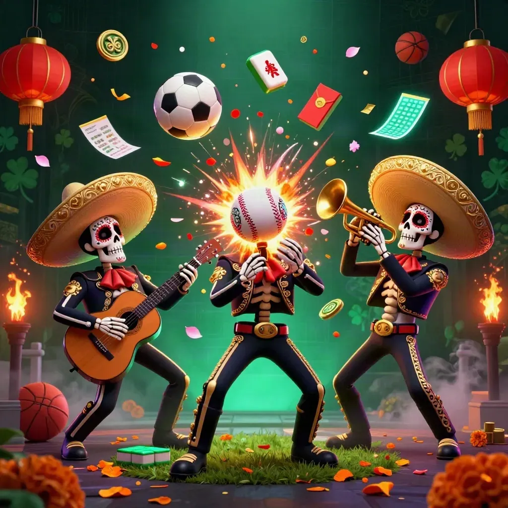 Skeleton mariachi trio amid flying sports balls, casino symbols, and gold-lit sparks.