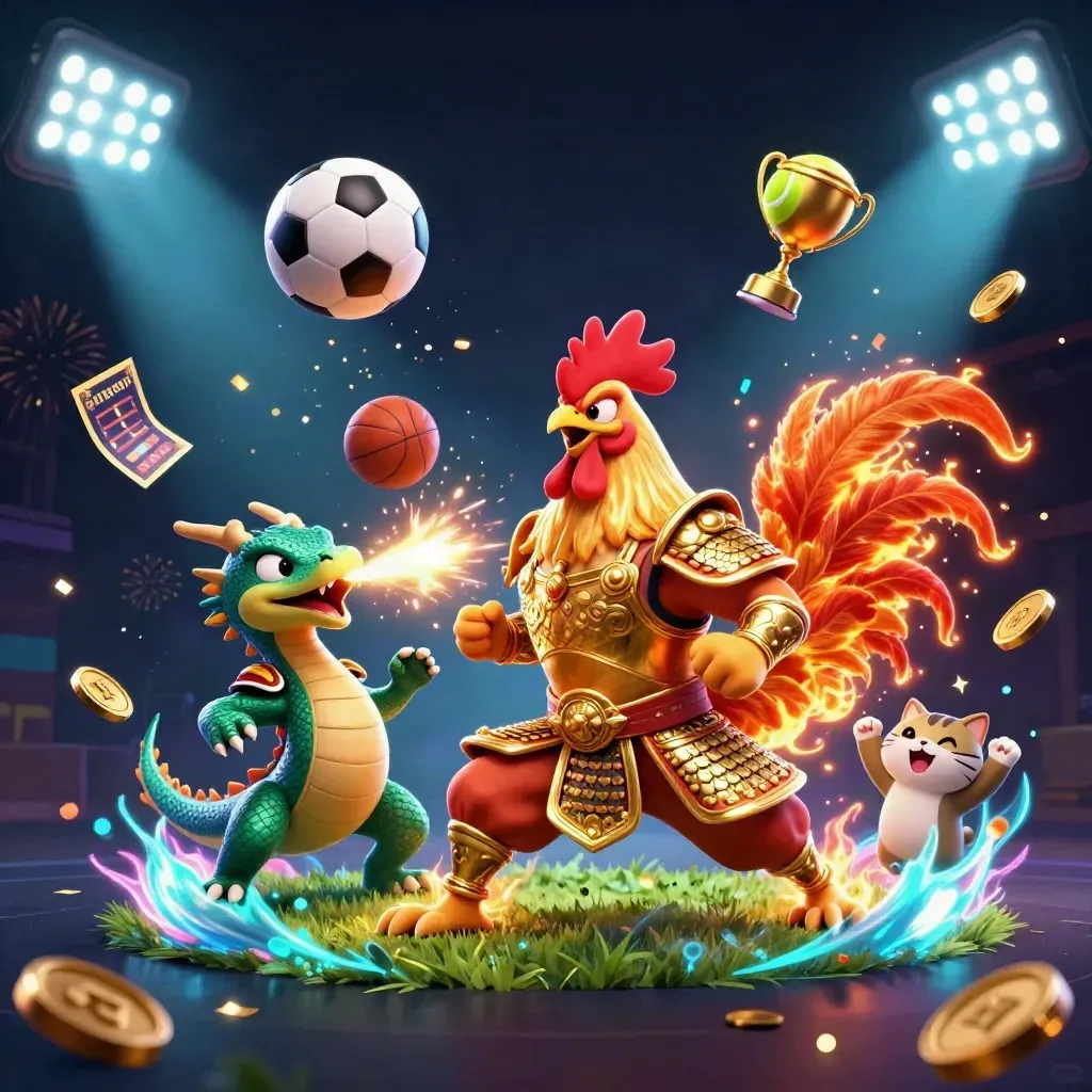 Rooster warrior, dragon hatchling, and lucky cat amid flying sports balls and casino glow.